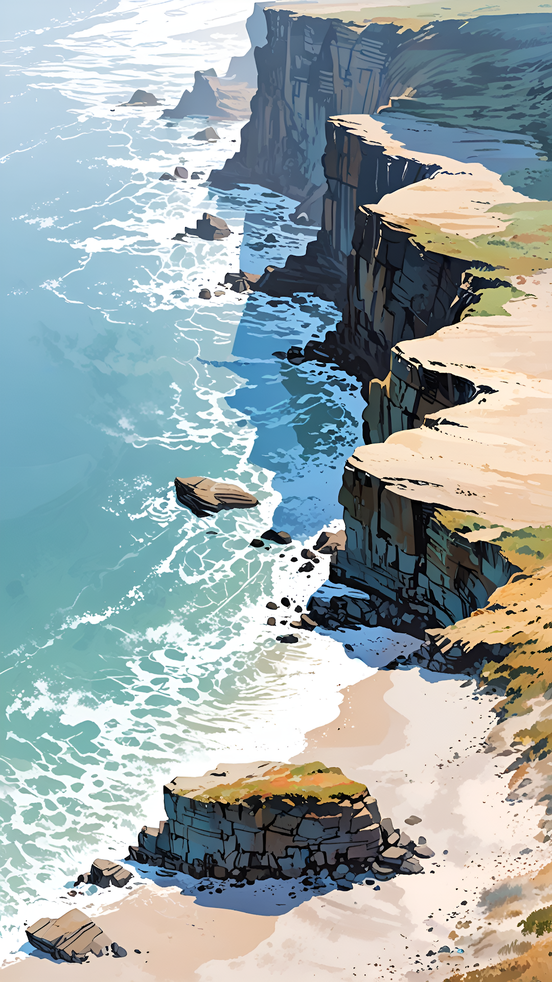 Stylized Coastal Cliffs Ocean View Vertical Landscape - Free 4K mobile Wallpaper