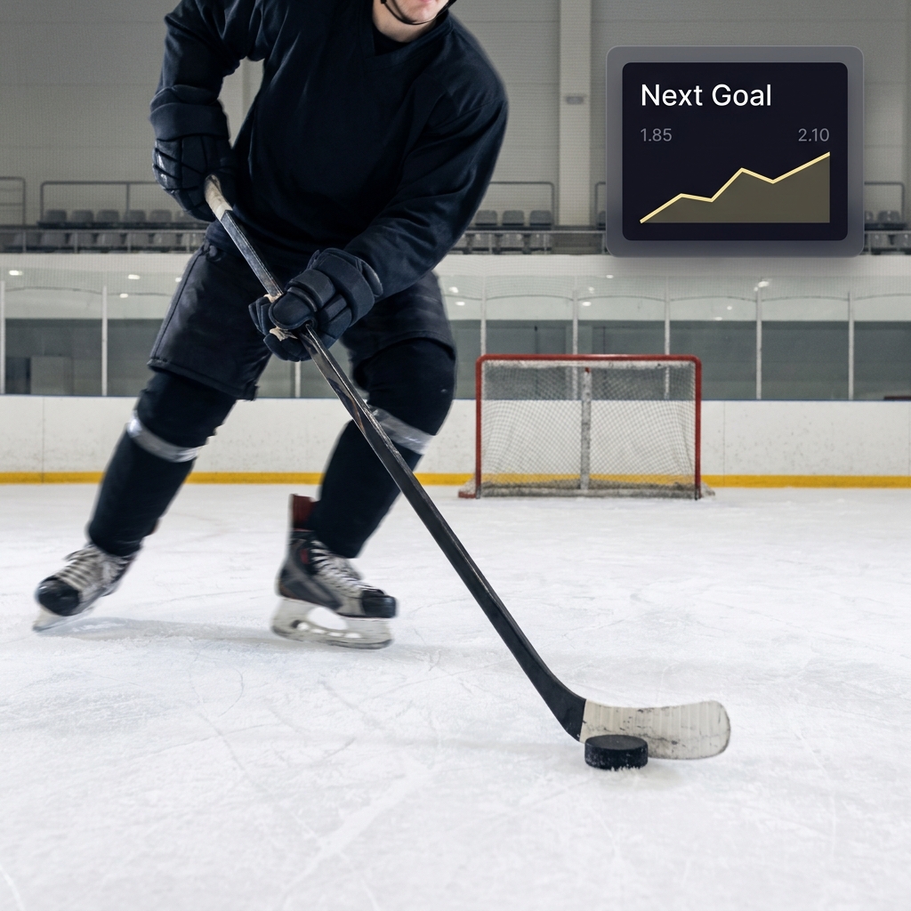 Close up of attacking hockey player with open net and minimalist next goal market widget on a Funded Plays style dark background How Goalie Pulls Affect Live Hockey Markets
