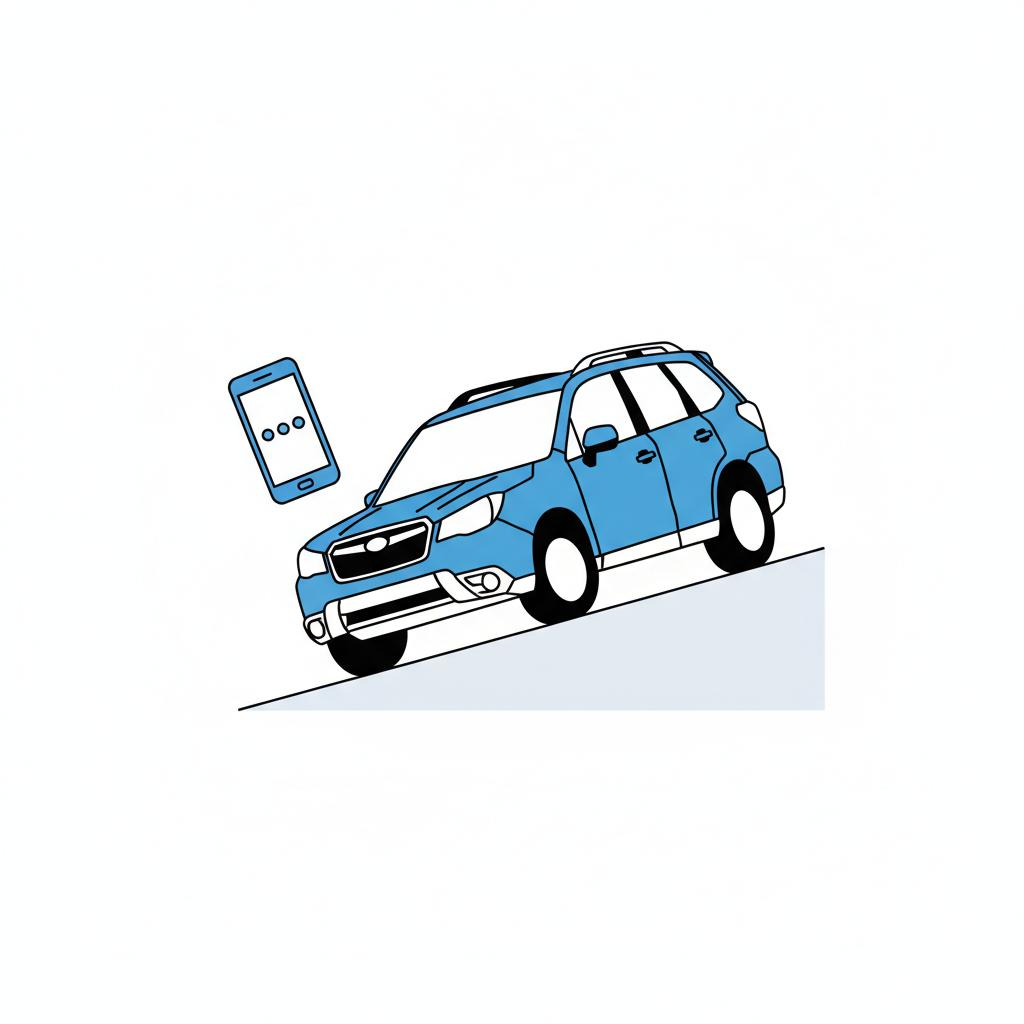 Minimalist vector illustration of a Subaru Forester on a hill during a hill acceleration test with a nearby smartphone recording device subaru forester for sale
