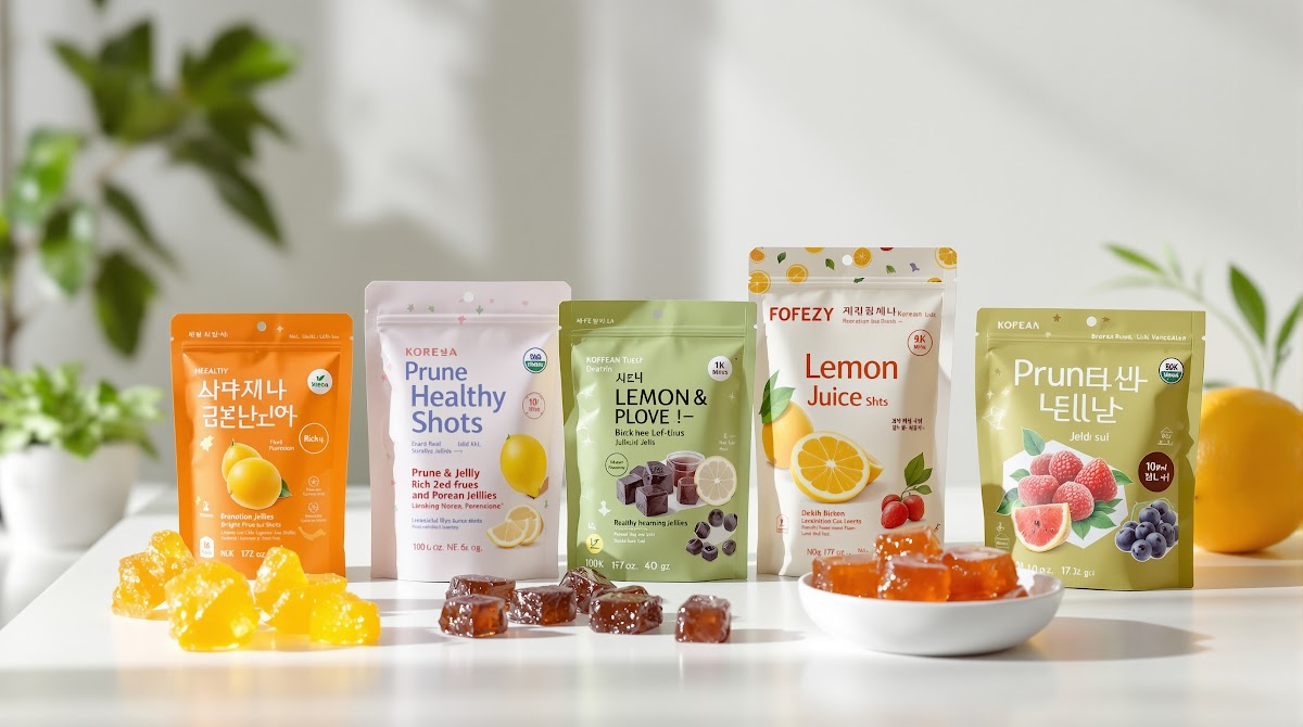 리부트라이프 리부트 유산균 젤리, 비비랩 레몬즙 듀얼샷, 낫띵베럴 프룬&유산균, 종근당 멀티비타민 등 주요 젤리영양제추천 브랜드별 제품들이 깔끔한 테이블 위에 나란히 진열되어 있고, 각 제품 패키지에는 성분표와 기능성이 시각적으로 강조되어 있음