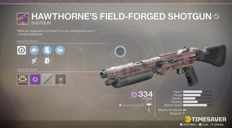 Destiny 2 weapon detail screen for Hawthorne's Field-Forged Shotgun showing weapon perks and mod slots — Enhancement Cores power the masterwork upgrade