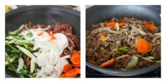 Làm nóng dầu trong chảo với lửa vừa, cho thịt bò đã ướp và hành, cà rốt vào xào với lửa lớn 3-5 phút tới khi thịt chuyển sang màu nâu, sau đó vặn nhỏ lửa và đảo đều tay. Khi thịt đã gần chín, thêm hạt mè vào đảo đều rồi trút ra đĩa.
