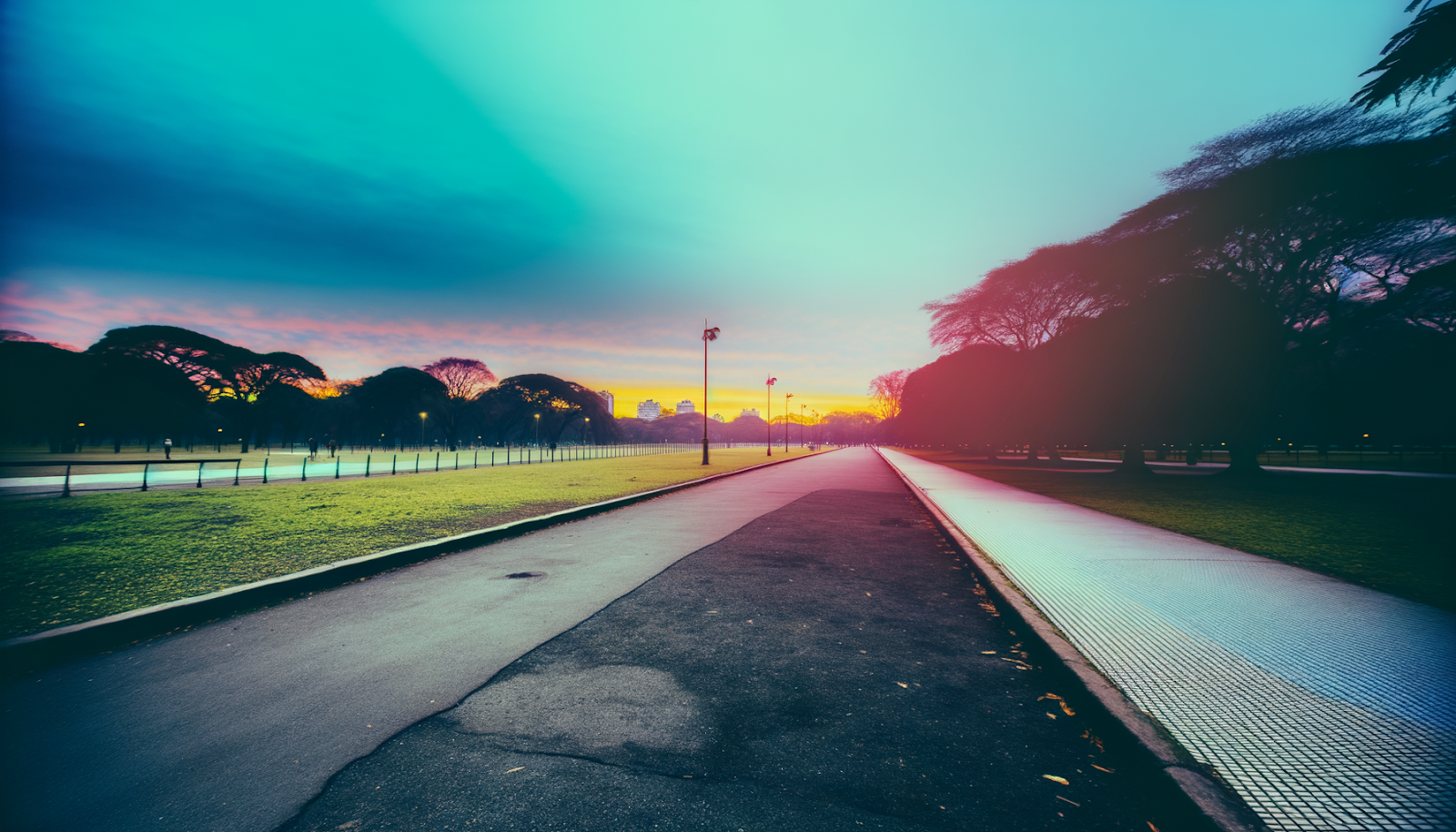 Sendero de running en Buenos Aires al amanecer con cielo dramático de colores cálidos