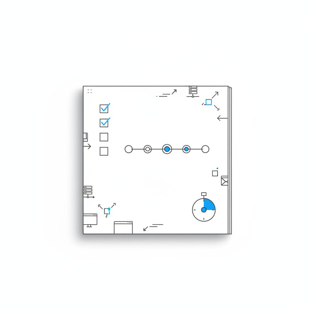 Minimal 2D vector notebook page with checklist, milestone timeline and compass icon in #39383f with #1a5bfb accents, illustrating planning to hire a website developer.