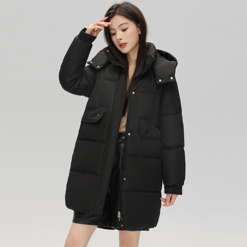 Mid-length women's padded jacket with hood, lined
