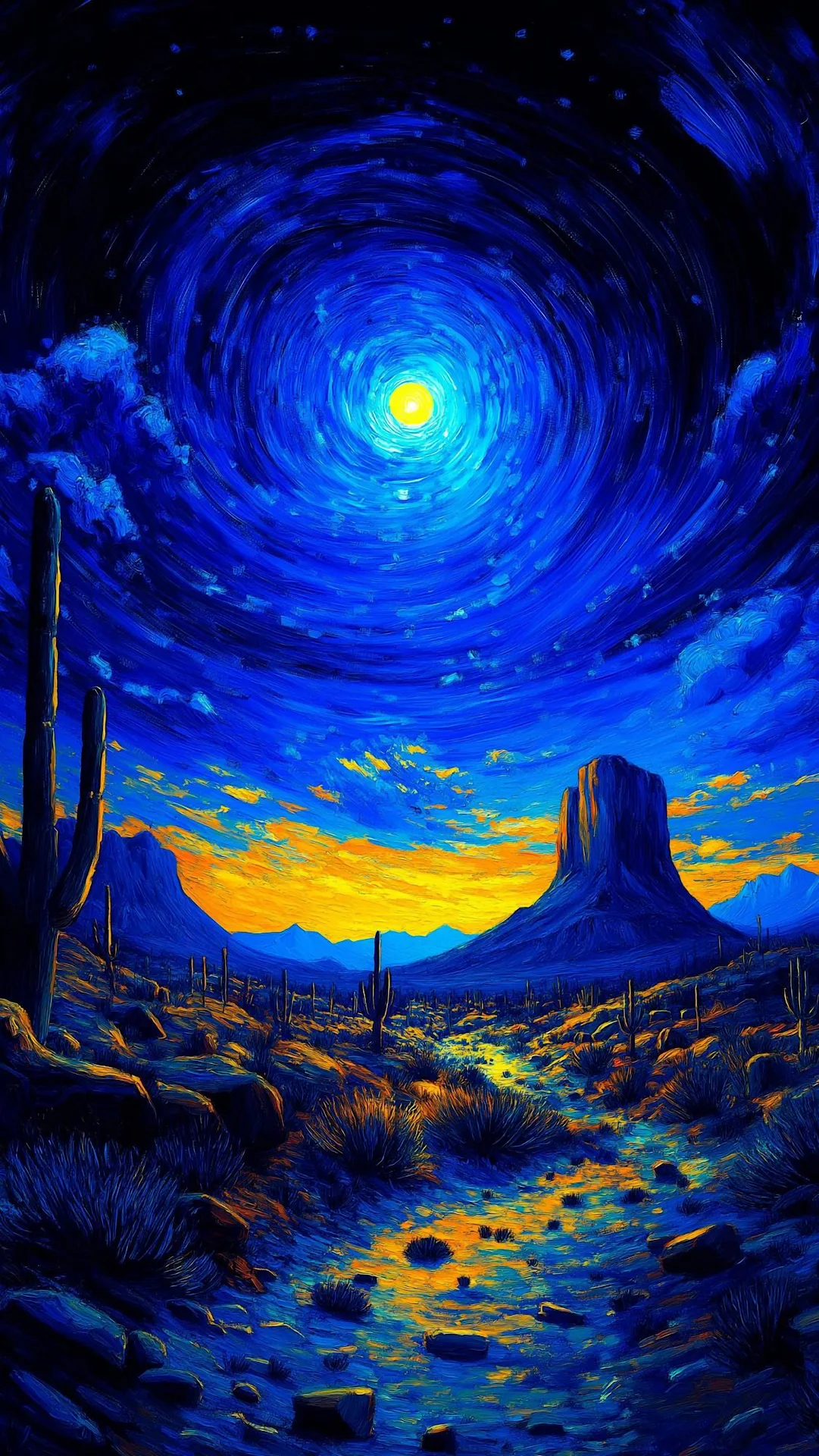 Desert Night Sky Van Gogh Style Painting Blue Yellow Contrast - Free 4K mobile Wallpaper