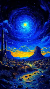 Desert Night Sky Van Gogh Style Painting Blue Yellow Contrast