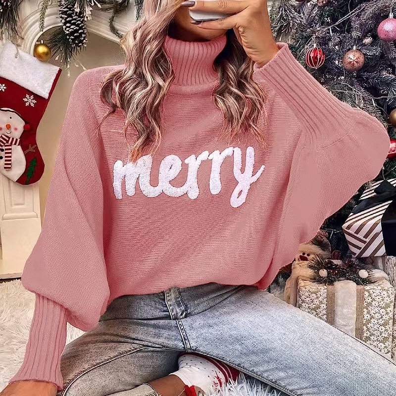 Women's knitted sweater with stand-up collar and embroidery