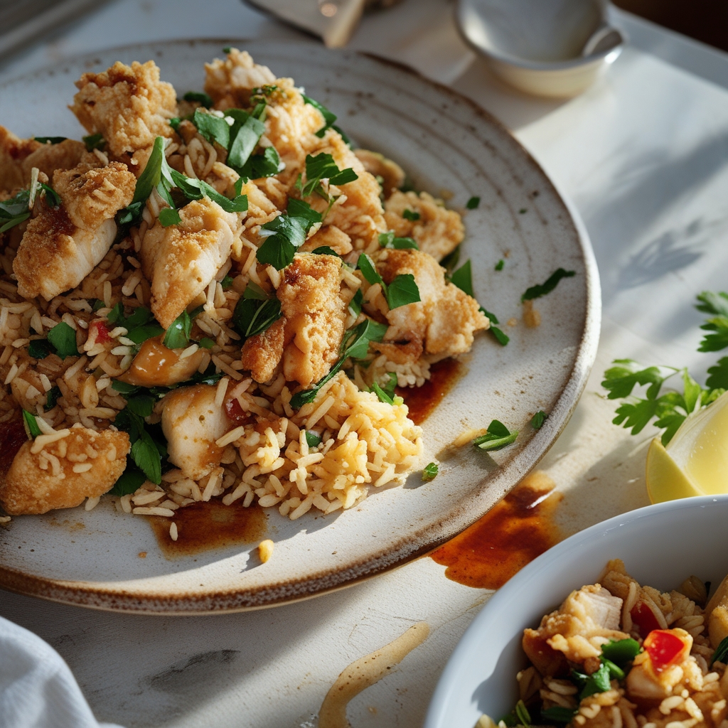 High Protein Crispy Garlic Chicken Fried Rice - Easy Homemade Dinner finished