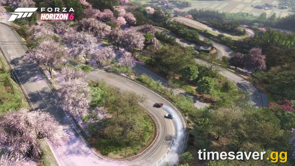 Forza Horizon 6 Shimanoyama drift arena with a car mid-slide and tire marks on track