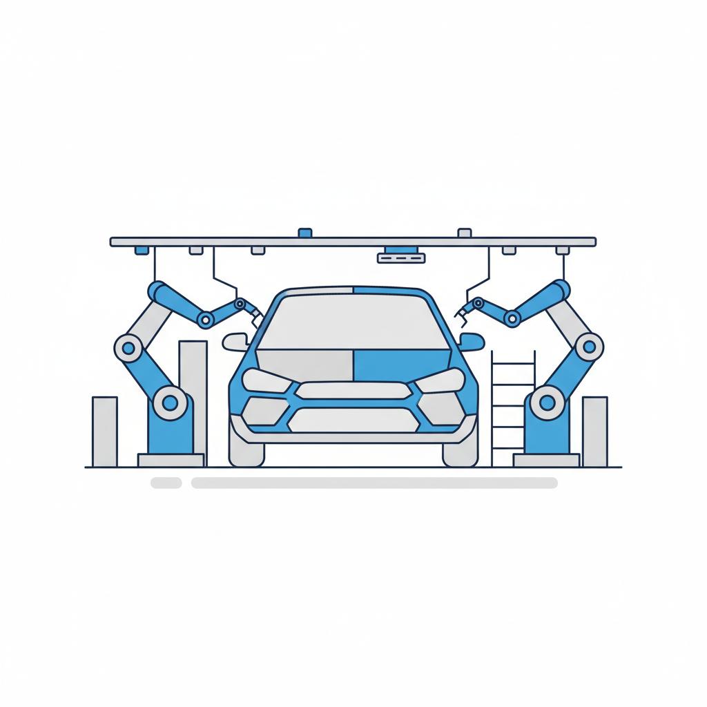 Minimalist 2D vector of a chevrolet trax car body on an assembly line with robotic arms blue accents on white background