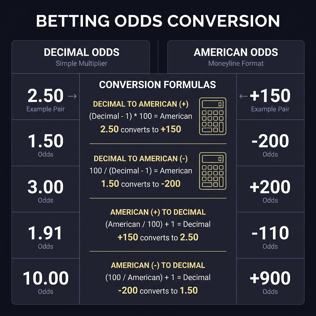 Minimalist infographic close up showing decimal and American odds with conversion formulas explaining Why Favorite and Underdog Prices Are Not Symmetrical in clean Funded Plays style on dark 10101a background