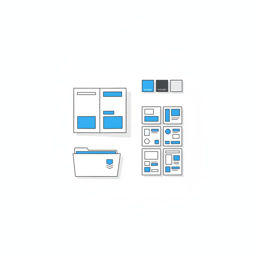 Minimal 2D vector flatlay of brand deliverables &mdash; folded quick-guide, social template cards, assets folder and color swatches illustrating branding package cost