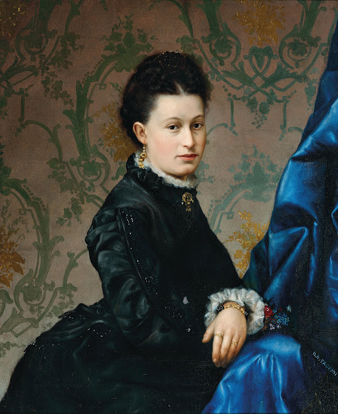 Portrait of a Lady in a Black Dress with Gold Ear Pendants before a Floral Wallp