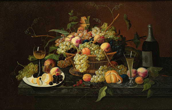 Still Life With Fruit Champagne Bottle And Glasses On A Table 19th Century