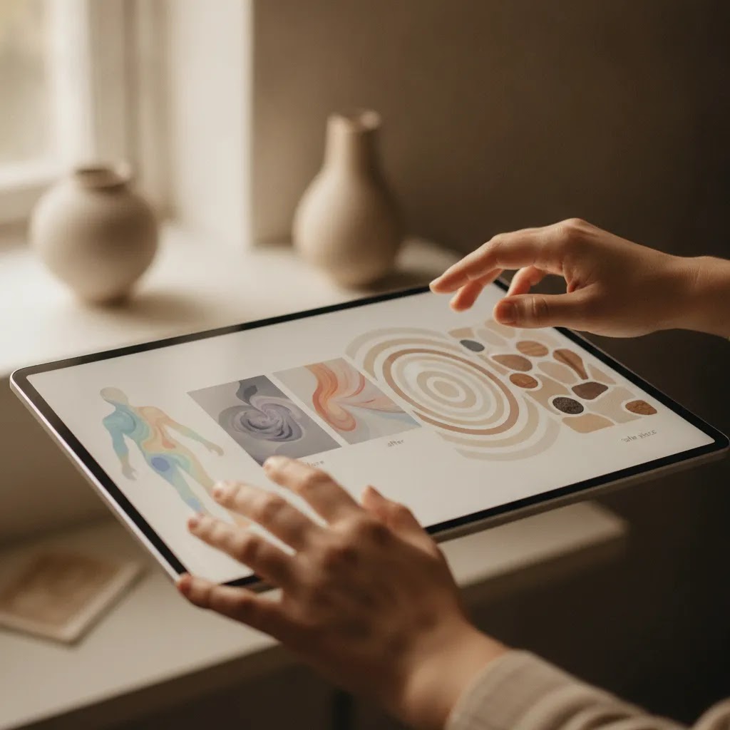 Digital art therapy activities techniques shown on an unbranded digital canvas