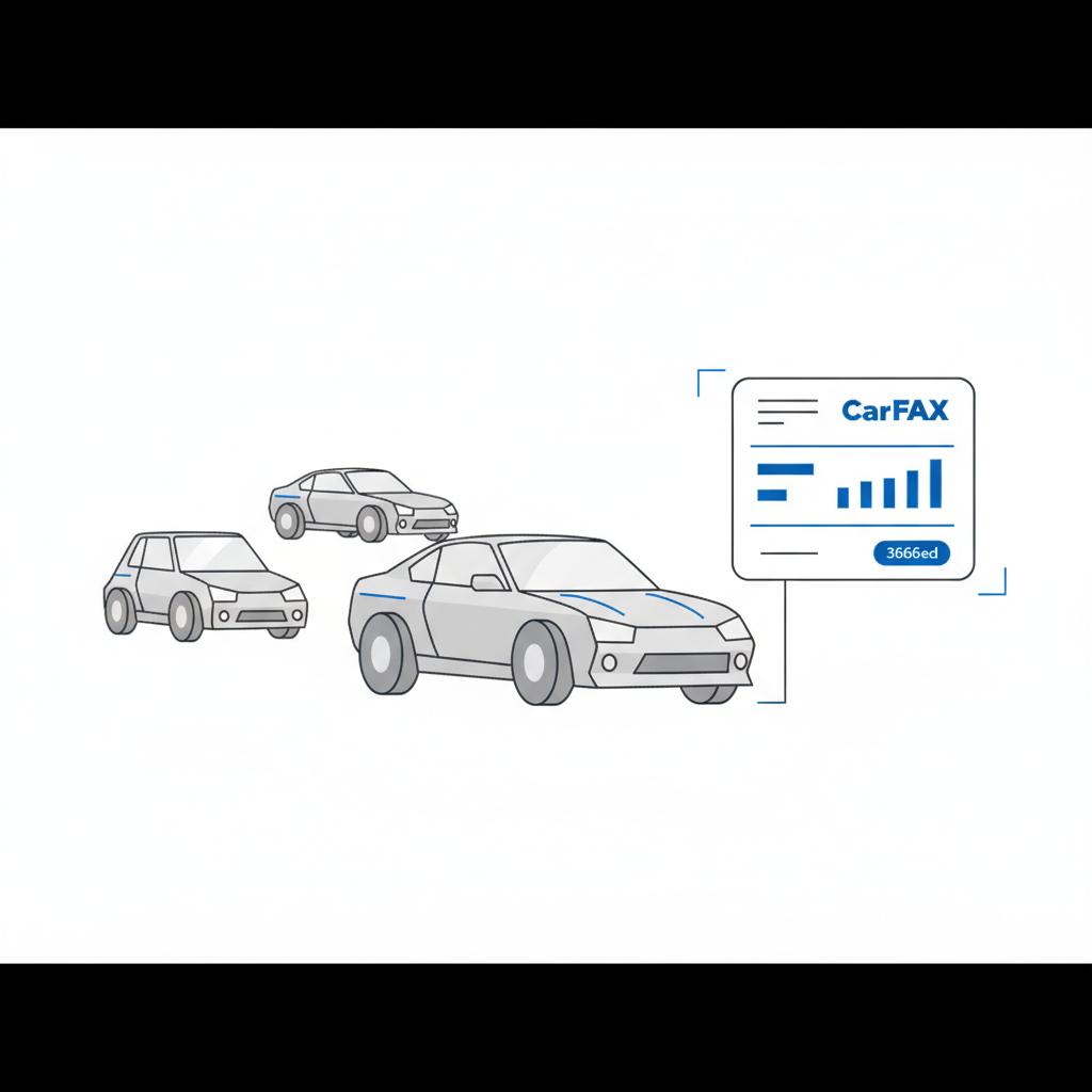 Minimalist 2D vector auction scene with three stylized cars and a blue scoreboard representing black book car value assessment