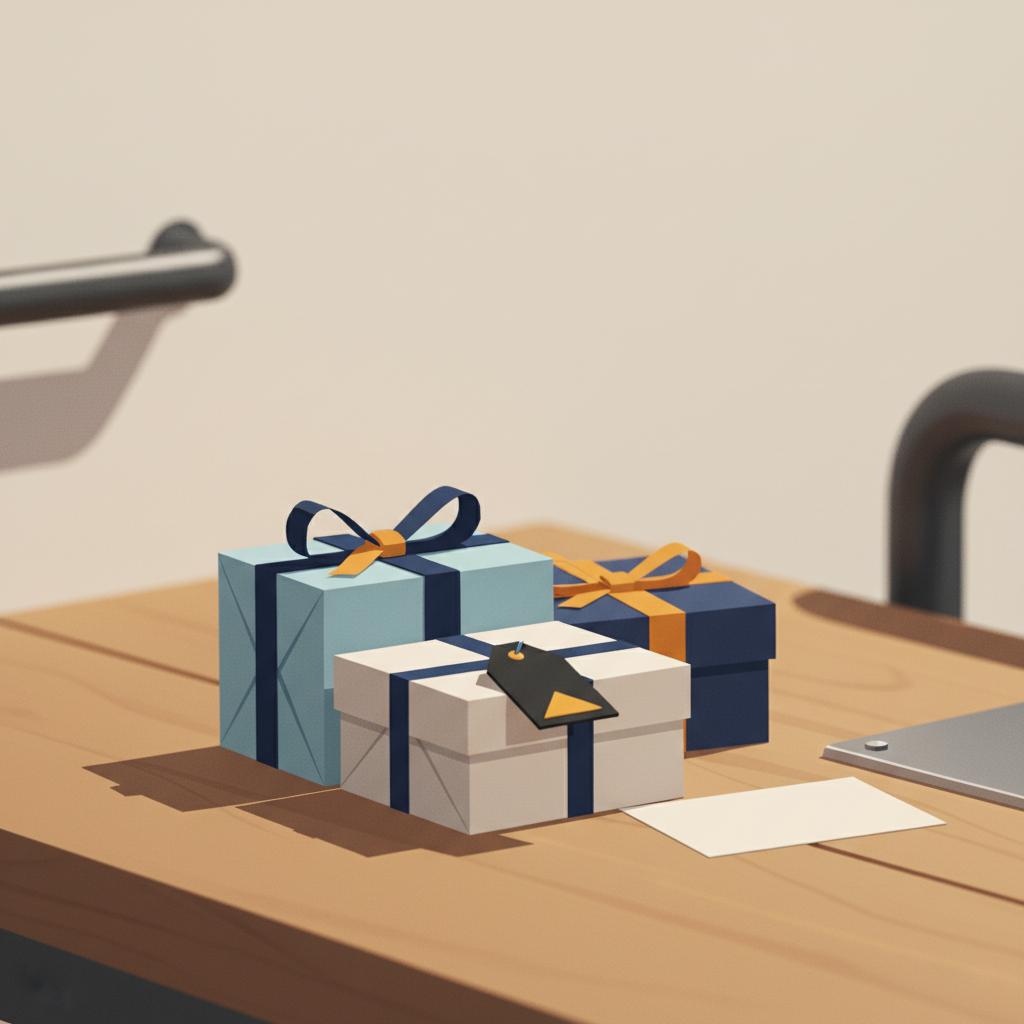 Close-up von sorgfältig verpackten Geschenken auf Holztisch mit Metallanhänger und Karte, warme Industrie-Akzente, 2D Vektor-Illustration, was schenkt man pro person bei einer hochzeit