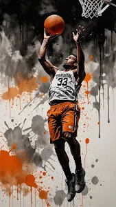 Basketball Player Dunks Amidst Paint Splatter Art