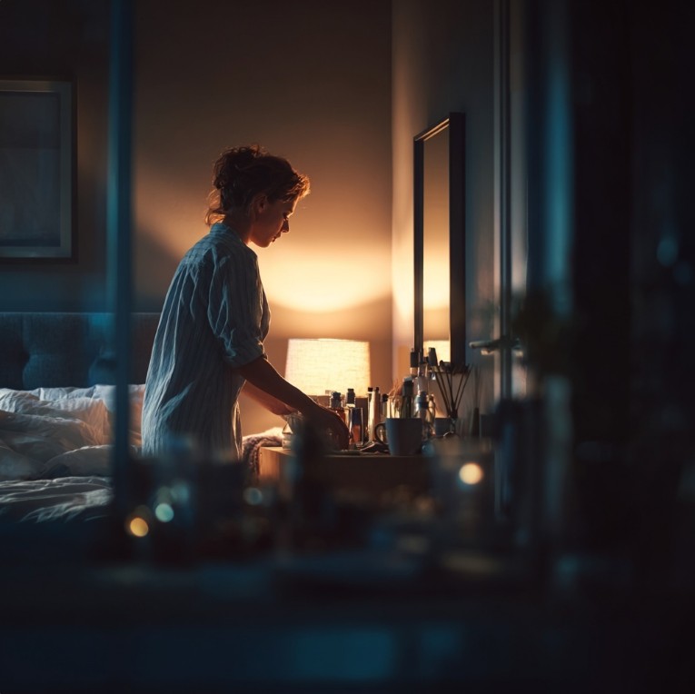 잠들기 전 조명을 낮춘 침실