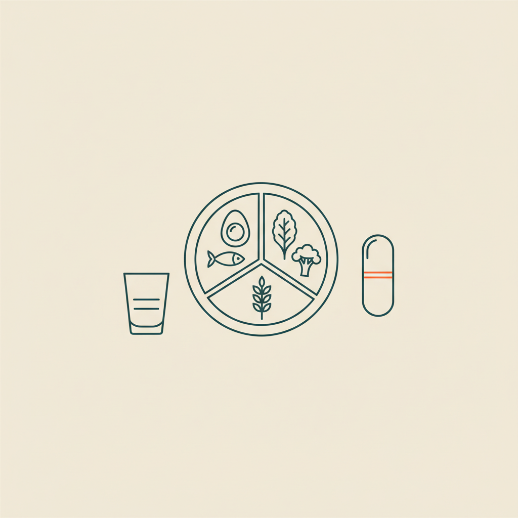 Tonum-style minimalist vector on beige #F2E5D5: divided plate with protein, vegetables and whole grains plus a capsule and water glass — what is best for men to lose weight