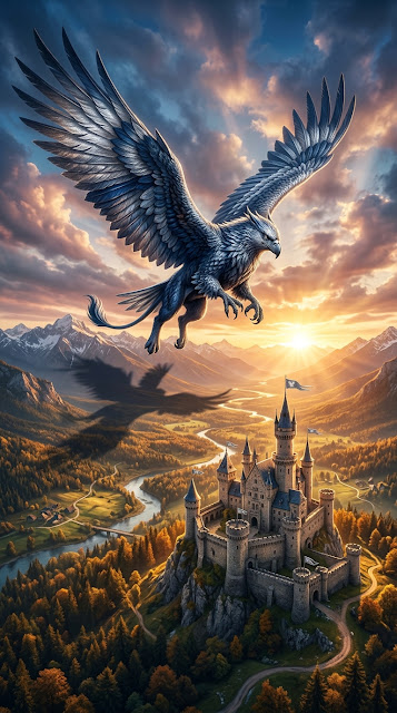 Majestic Griffin Flying Over Medieval Castle - Free mobile Wallpaper