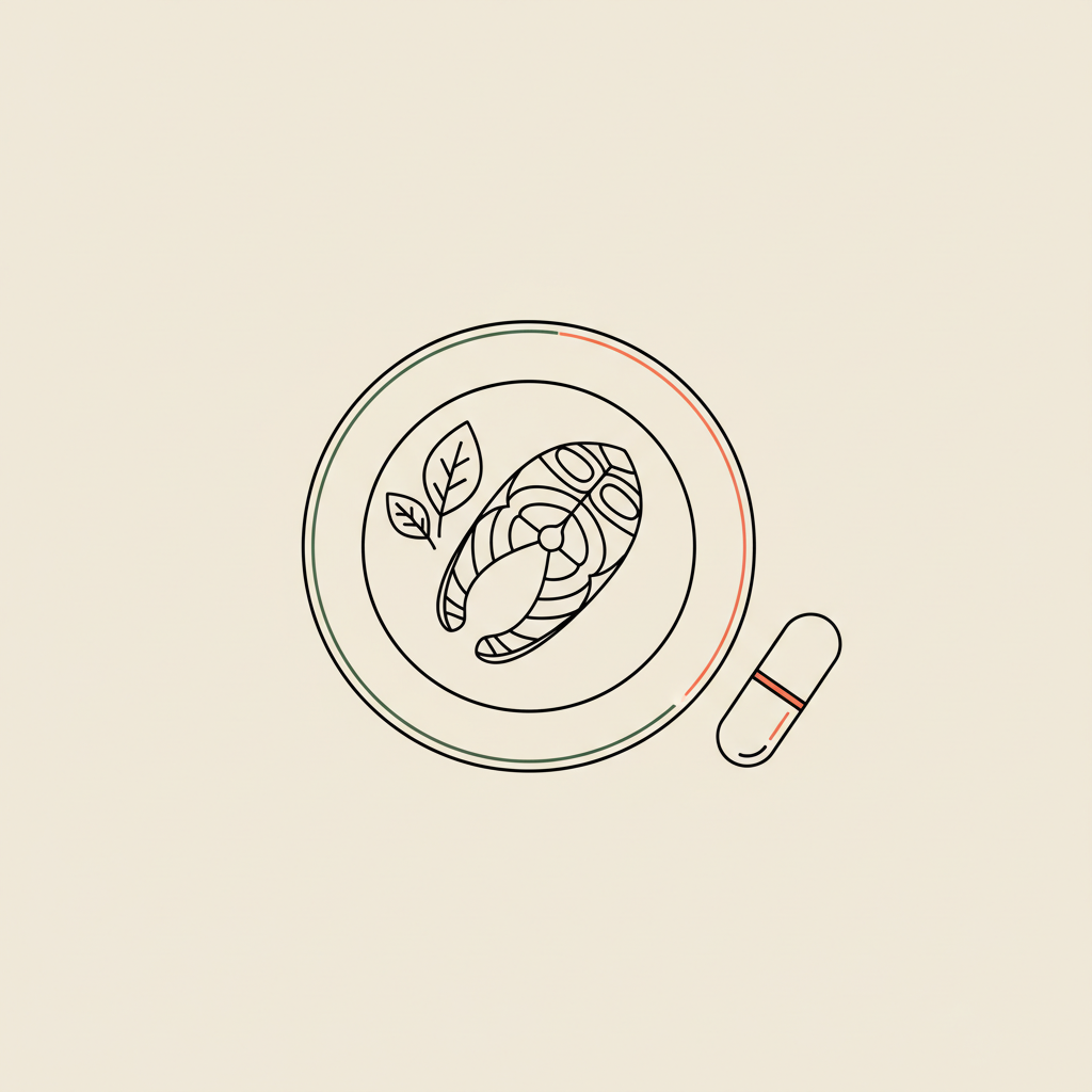 Minimalist line illustration of a plate with salmon, greens, and a capsule on beige background, illustrating which vitamins speed up metabolism.