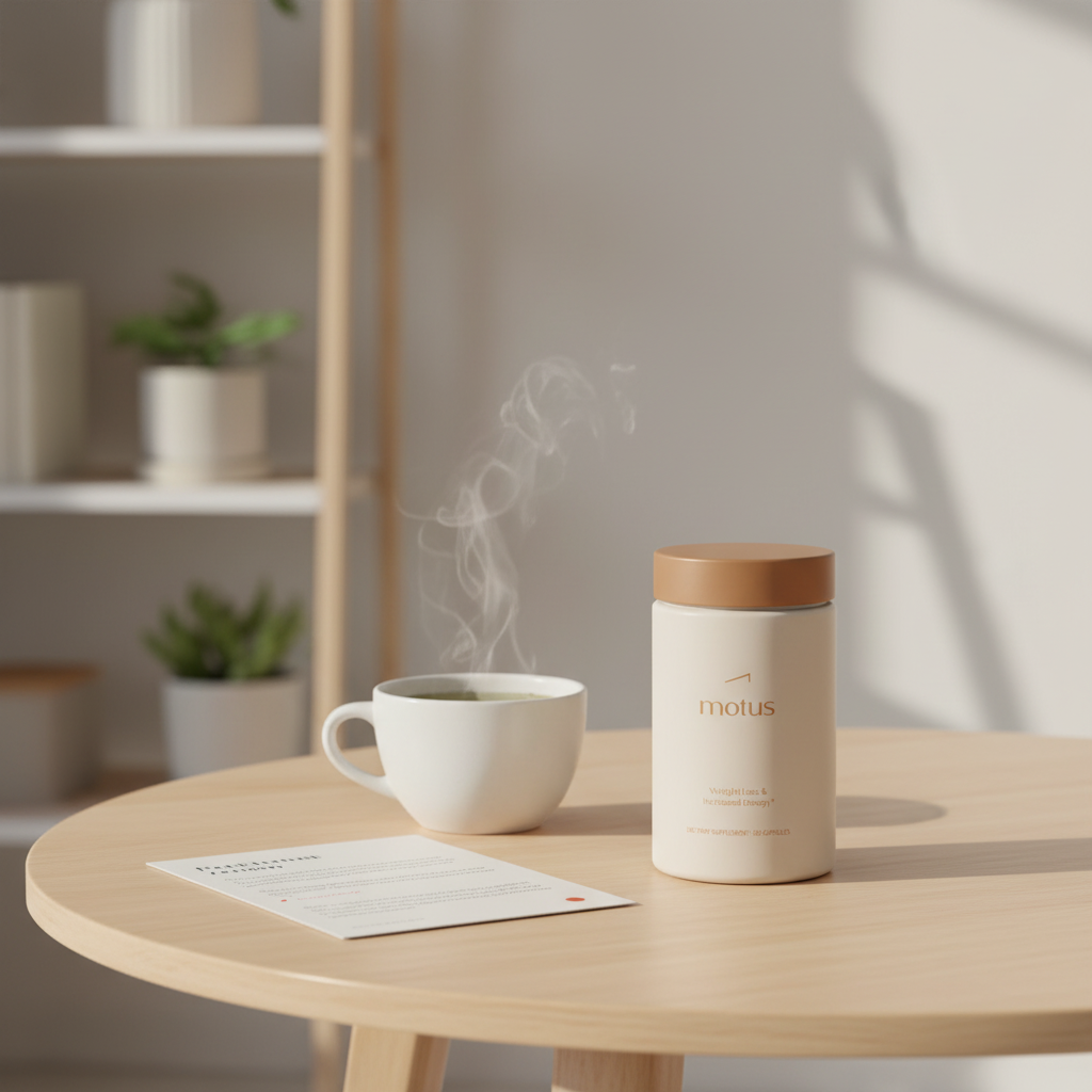 Close-up of Tonum Motus jar beside a steaming cup of brewed green tea and a small research fact sheet on a round wooden table, minimalist lifestyle scene highlighting a green tea fat burner.