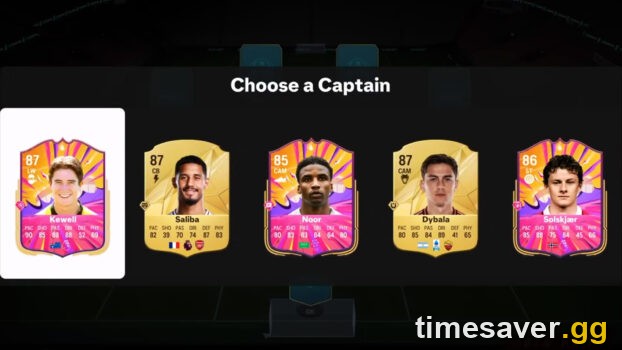 Ultimate Team Draft captain selection screen showing five player cards to choose from