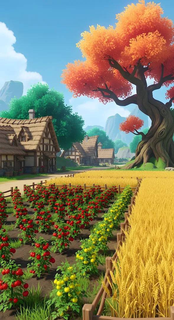 Vibrant Anime Farm Field with Huge Orange Tree