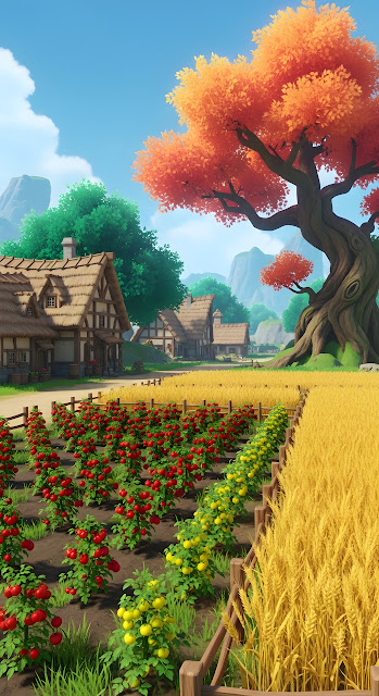 Vibrant Anime Farm Field with Huge Orange Tree - Free mobile Wallpaper