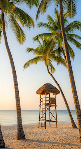 Idyllic Tropical Beach Scene with a Rustic Lifeguard Tower and Palm Trees at Sunrise
