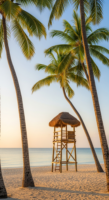 Idyllic Tropical Beach Scene with a Rustic Lifeguard Tower and Palm Trees at Sunrise - Free mobile Wallpaper
