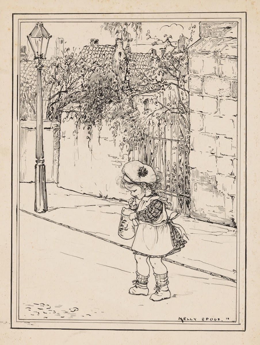 Peutermeisje met kan op een straat 1918