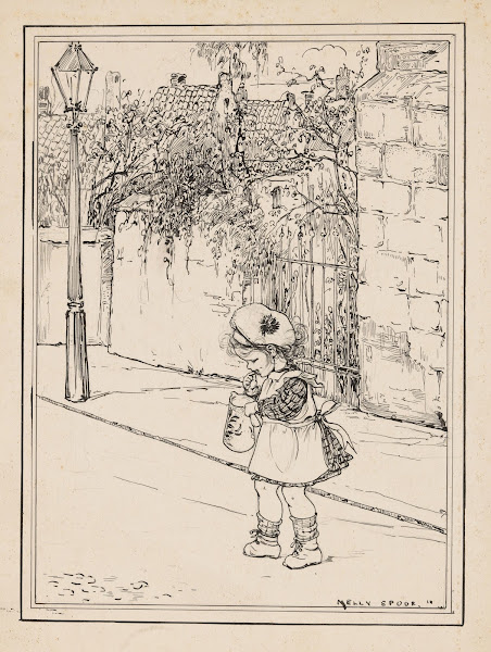 Peutermeisje met kan op een straat 1918