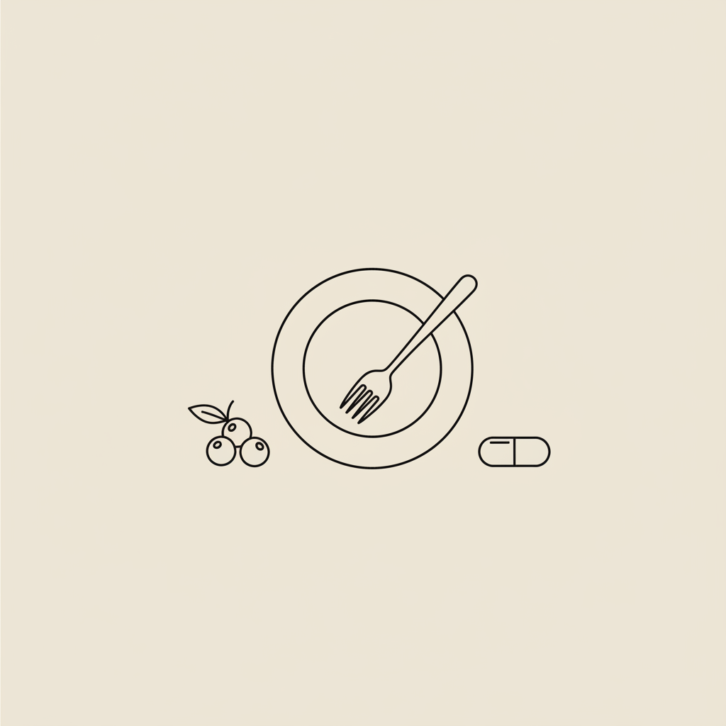 Minimalist vector line illustration of a plate with fork, small berry cluster and a capsule on a beige background, representing dietitian cost and healthy nutrition.