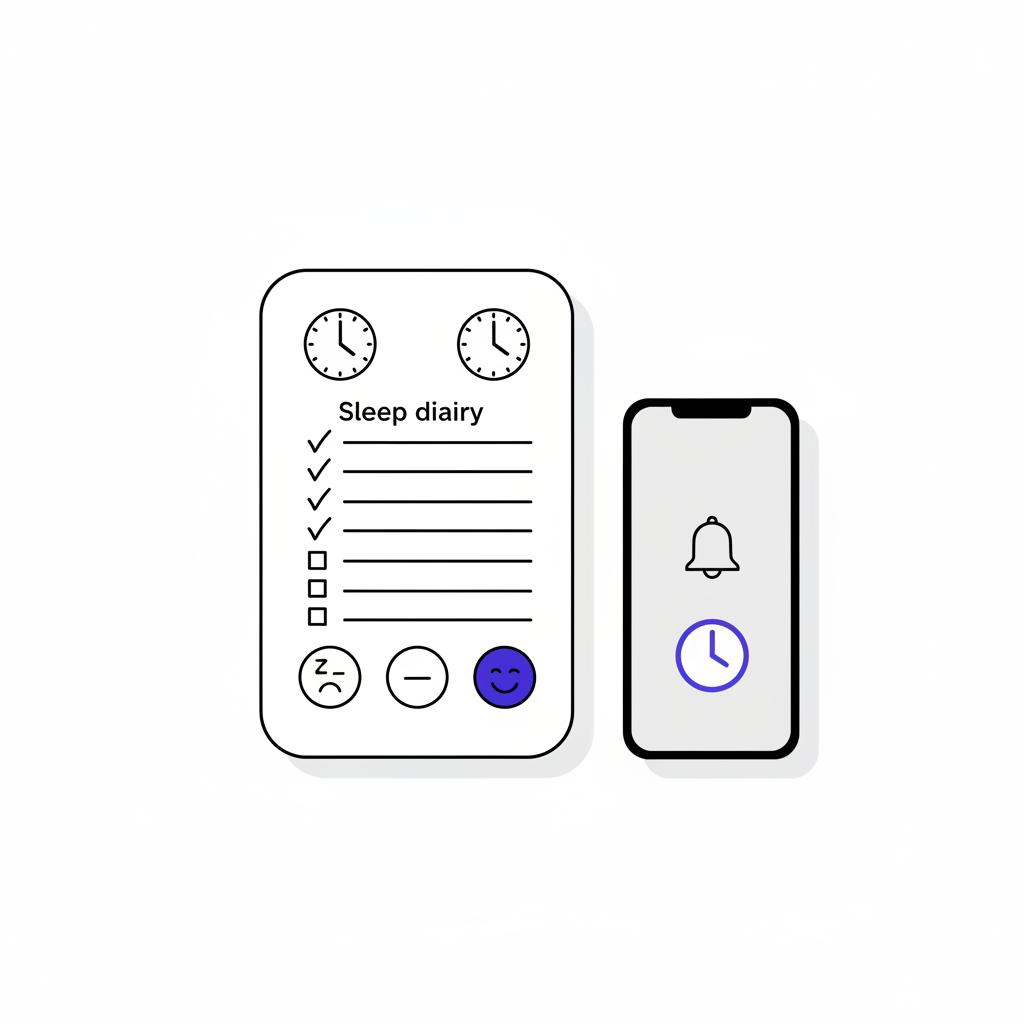 Minimal vector sleep diary page beside a phone with gentle alarm and mood icons illustrating bedtime hygiene