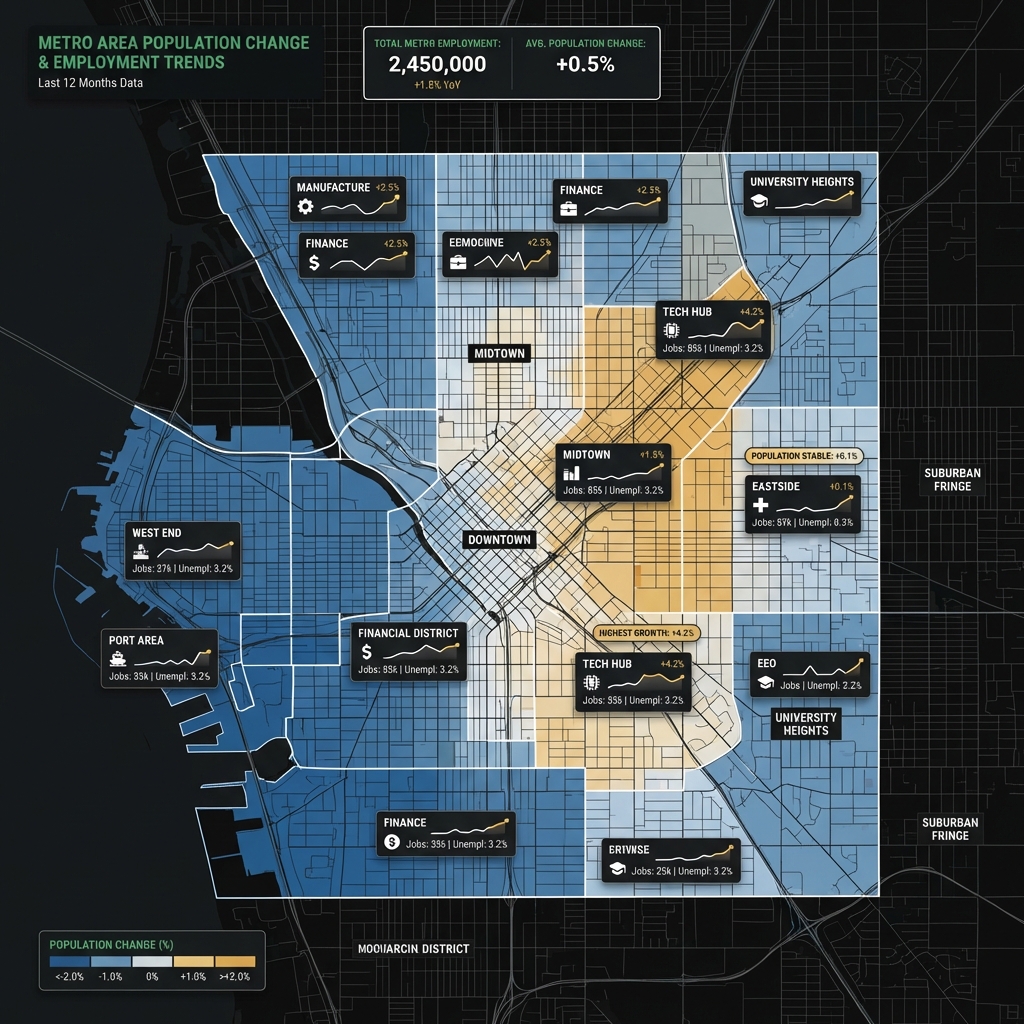 Metro area map screenshot with census population change heatmap and local employment trend sparklines ideal for how to get into real estate investing