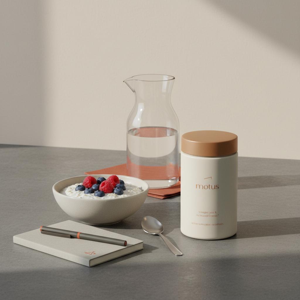 Minimalist morning kitchen still-life with Motus supplement jar beside oatmeal with berries and a notebook, suggesting mindful nutrition to lose tummy fat quickly.