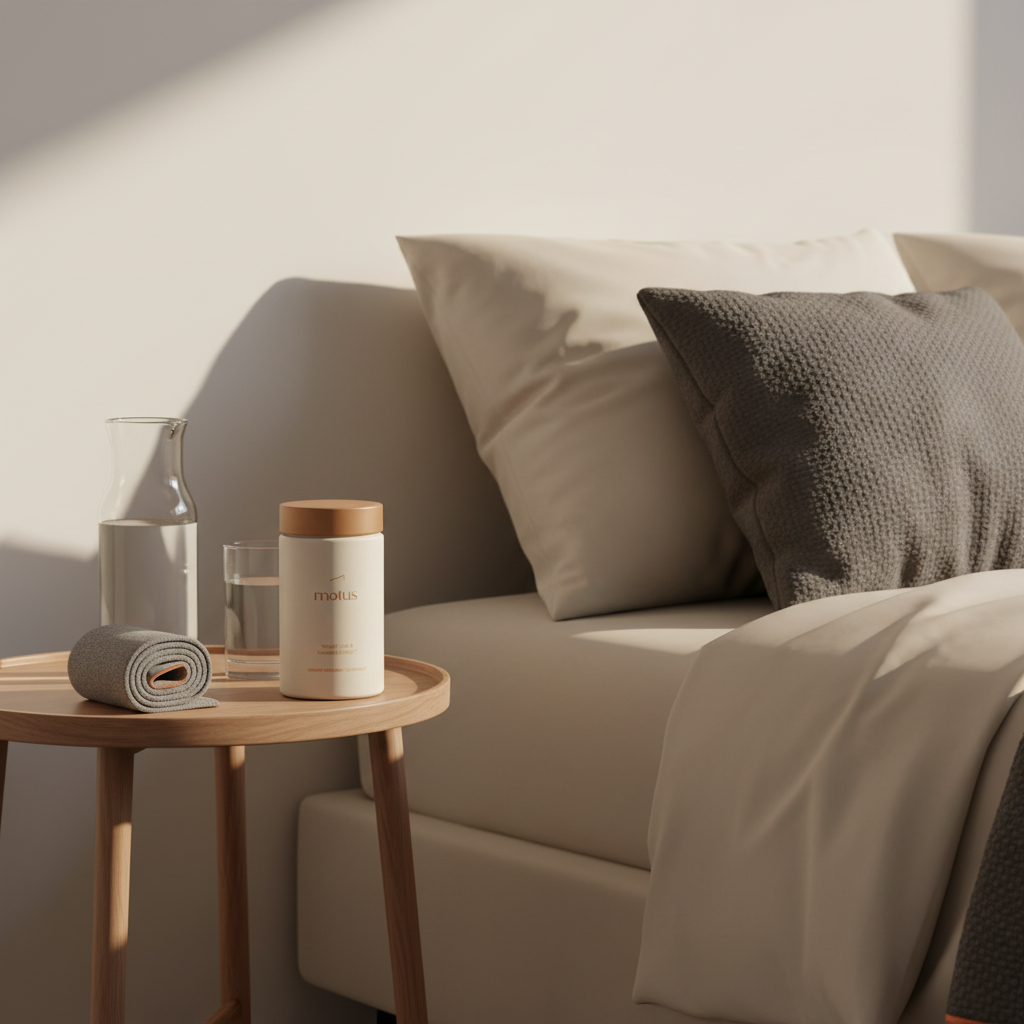 Minimalist bedside scene with Tonum Motus supplement jar on a wooden table beside a glass carafe and folded workout band, morning light conveying a ritual to shrink fat cells naturally.