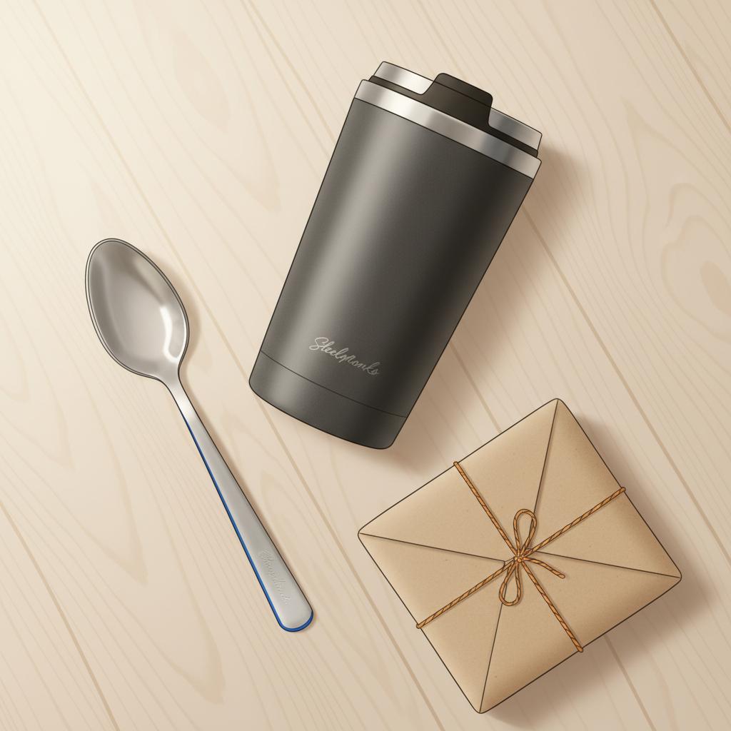 Nahaufnahme von Geschenkdetails mit graviertem Metalllöffel, Thermobecher und hübscher Verpackung auf hellem Holz – geschenkideen kaffeeliebhaber