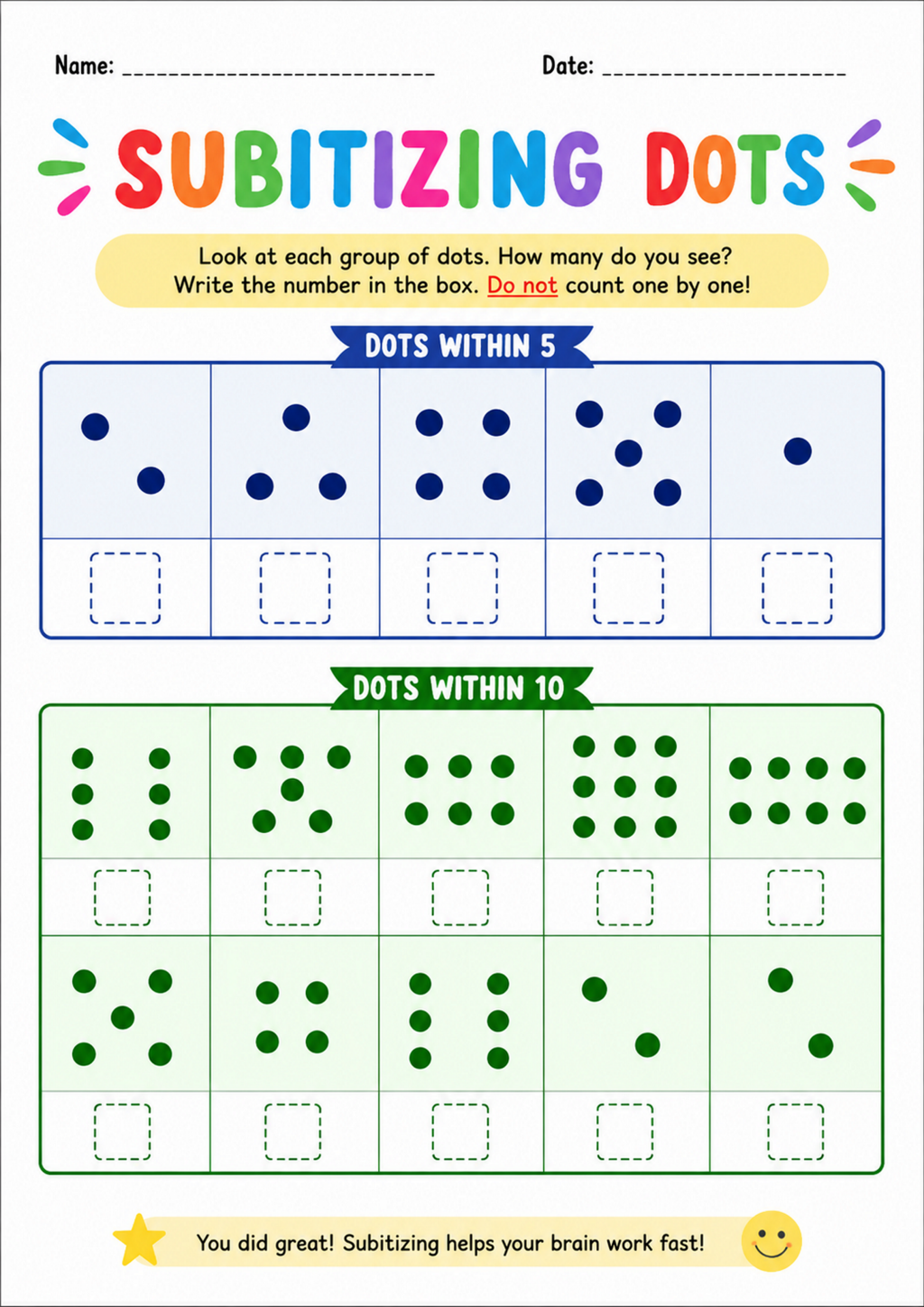 Subitizing Dots Worksheet
