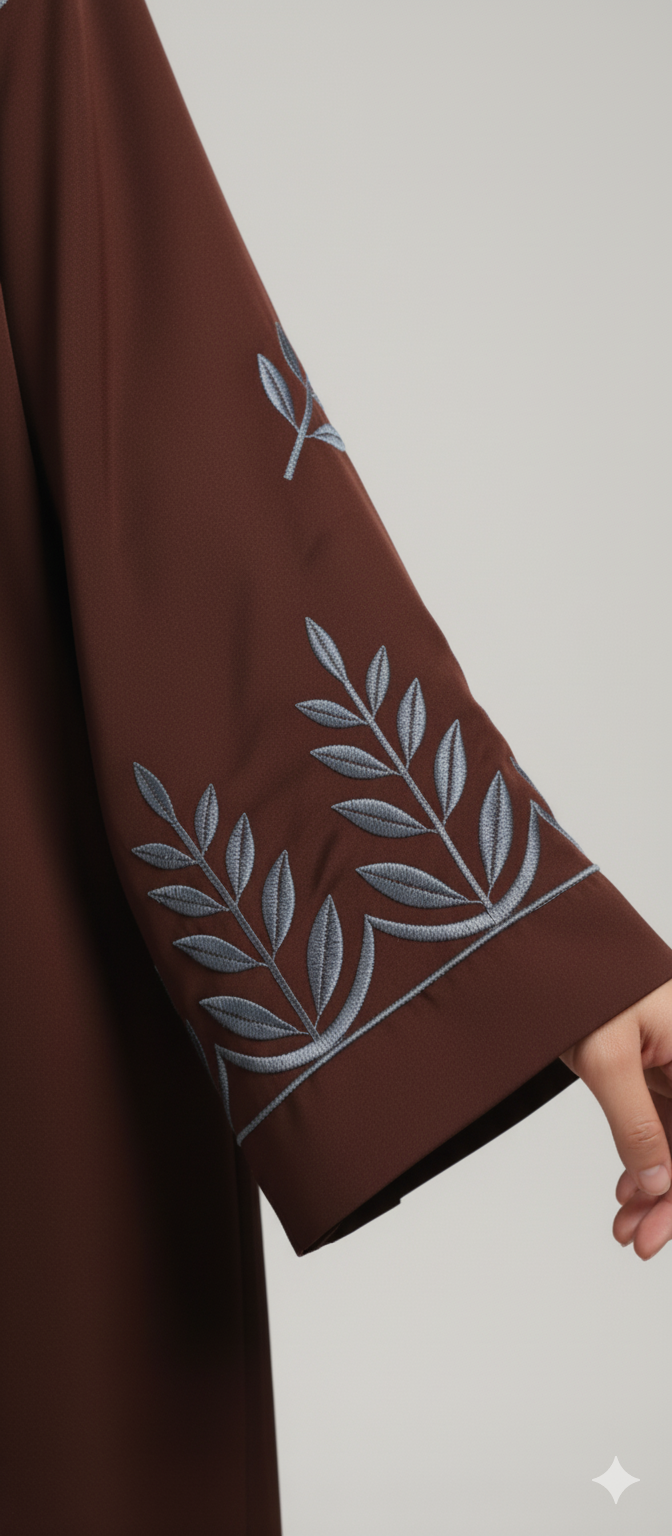Elegant Embroidered Sleeve Abaya - Open Front Cardigan Style with Leaf Detailing