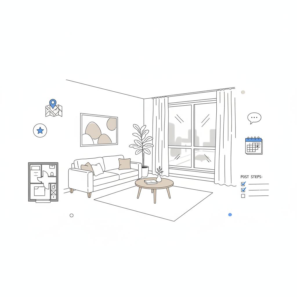 Vector notebook-style sketch of a tidy apartment corner with potted plant, window view, floorplan thumbnail, map pin and checklist illustrating how to post rentals on Nextdoor