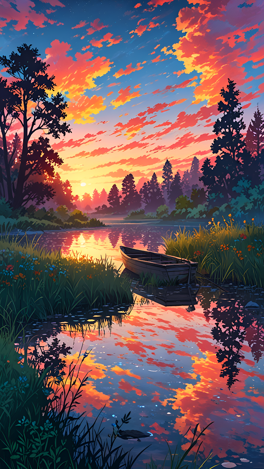 Fiery Sunset Reflection Over Tranquil Forest Lake