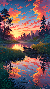 Fiery Sunset Reflection Over Tranquil Forest Lake