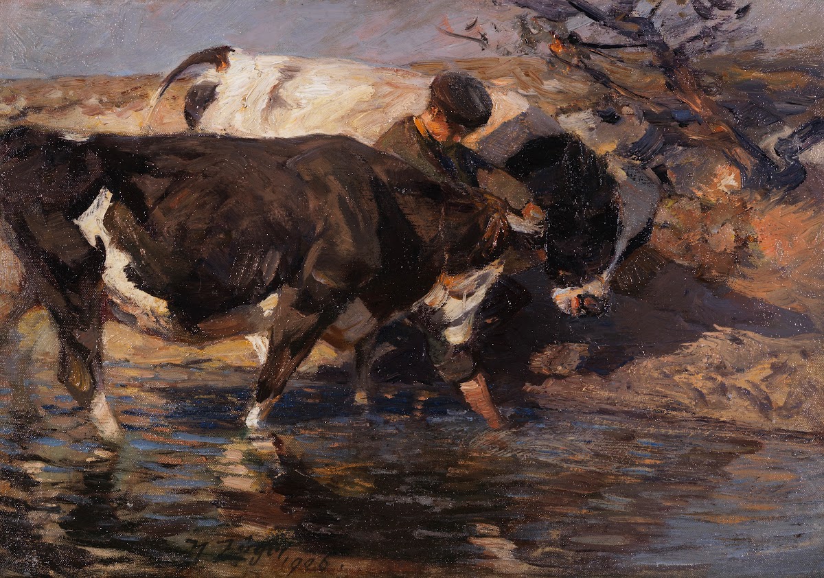Treiber mit zwei Rindern an der Furt 1906