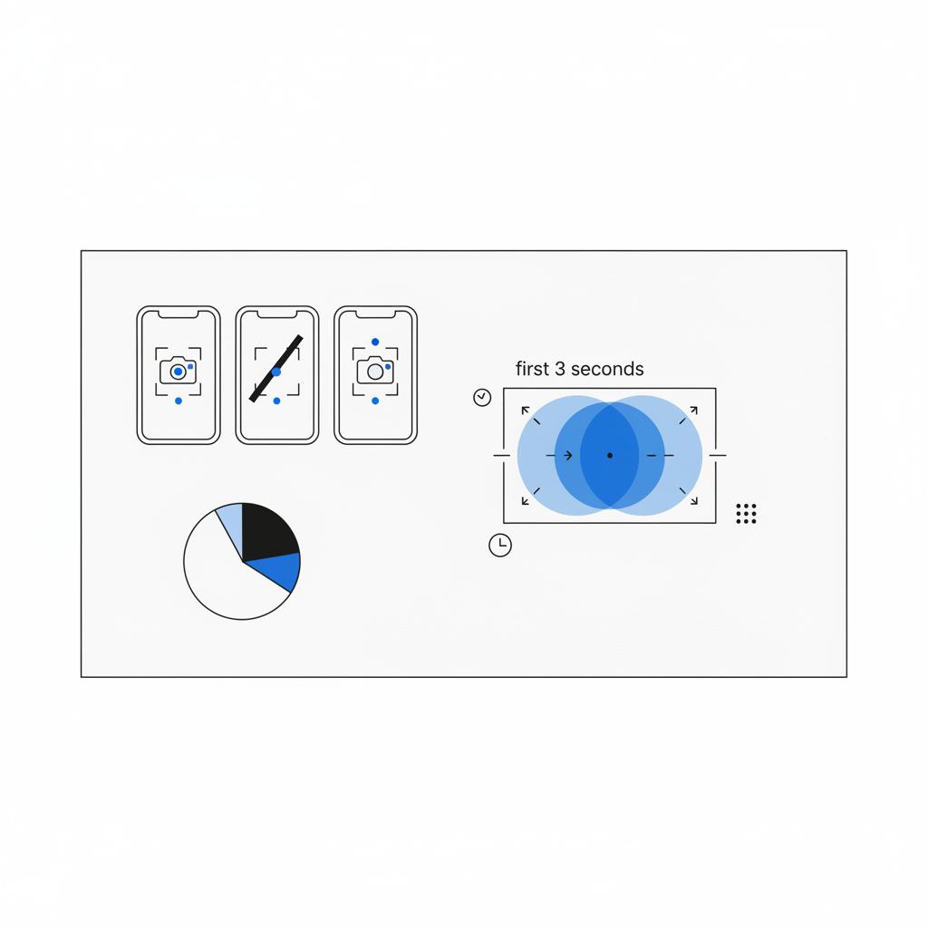 Minimal 2D vector storyboard for X ads showing three mobile thumbnails, a blue heatmap for the first 3 seconds, and a simple budget allocation chart on white background.