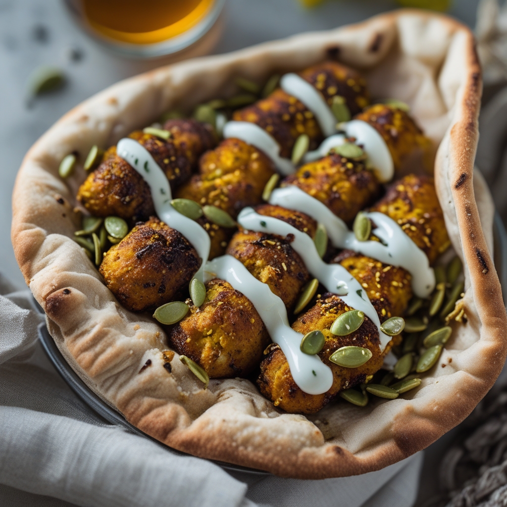 Final Crunchy Seed-Crusted Turkey Kofta Pitas with Minted Tahini Yogurt