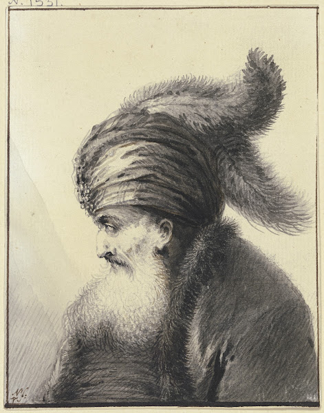 Bärtiger Alter mit Turban mit zwei langen Federn im Profil nach links